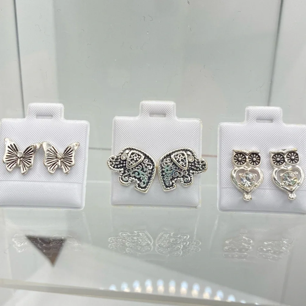 Butterfly/ Elephant/ Owl Silver-Tone & Rhinestone Stud Pierced Earrings Set of 3